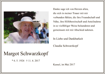 Todesanzeige von Margot Schwarzkopf von HNA