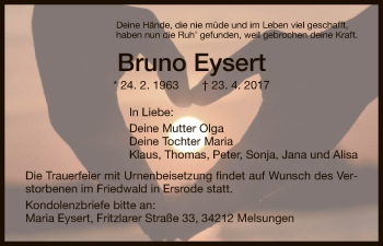 Todesanzeige von Bruno Eysert von HNA
