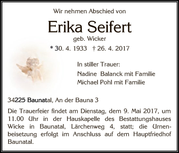 Todesanzeige von Erika Seifert von HNA