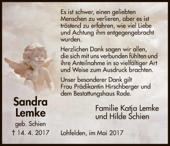 Todesanzeige von Sandra Lemke von HNA