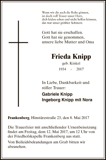 Todesanzeige von Frieda Knipp von HNA