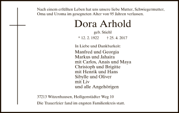 Todesanzeige von Dora Arhold von HNA