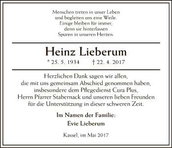 Todesanzeige von Heinz Lieberum von HNA