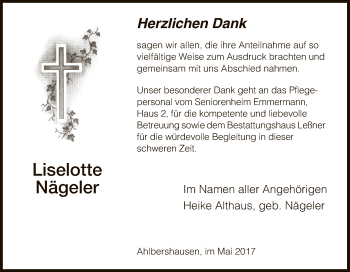 Todesanzeige von Liselotte Nägeler von HNA