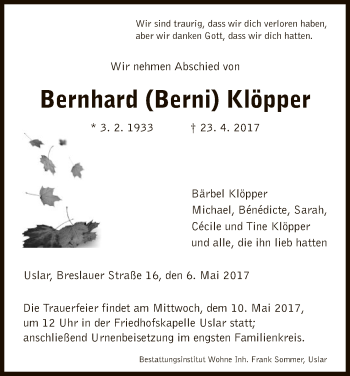 Todesanzeige von Bernhard Klöpper von HNA