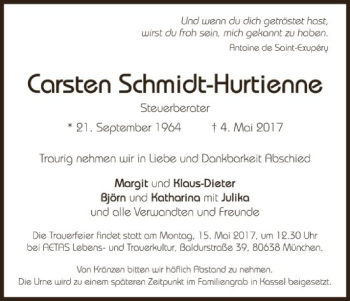 Todesanzeige von Carsten Schmidt-Hurtienne von HNA