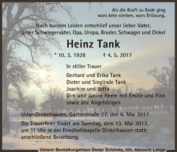 Todesanzeige von Heinz Tank von HNA