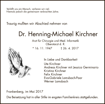 Todesanzeige von Henning-Michael Kirchner von HNA