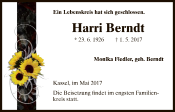 Todesanzeige von Harri Berndt von HNA