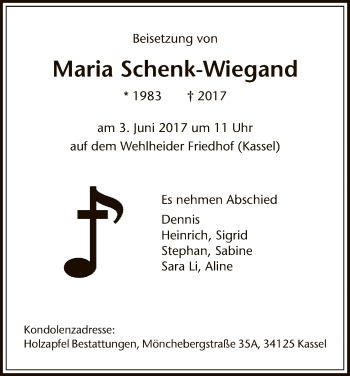 Todesanzeige von Maria Schenk-Wiegand von HNA
