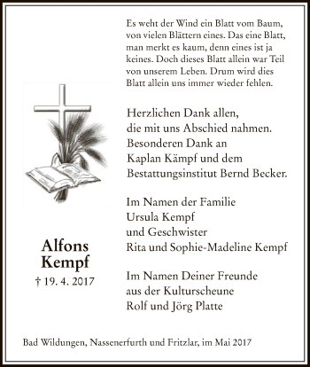 Todesanzeige von Alfons Kempf von HNA