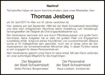 Todesanzeige von Thomas Jesberg von HNA