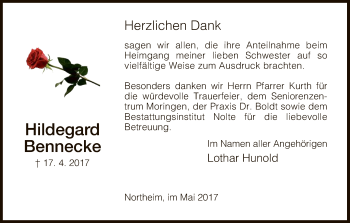 Todesanzeige von Hildegard Bennecke von HNA
