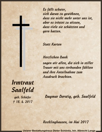 Todesanzeige von Irmtraut Saalfeld von HNA