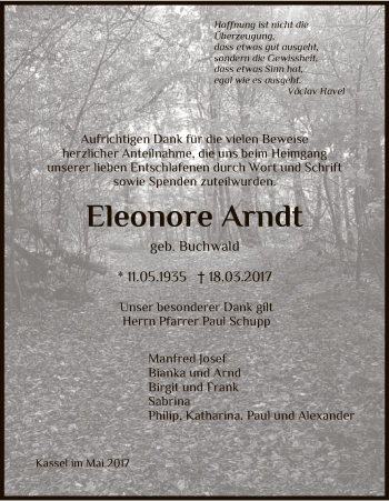 Todesanzeige von Eleonore Arndt von HNA