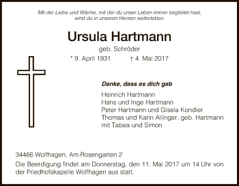 Todesanzeige von Ursula Hartmann von HNA