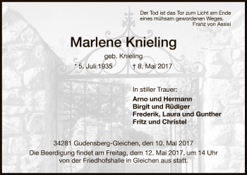 Todesanzeige von Marlene Knieling von HNA