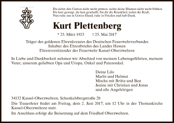 Todesanzeige von Kurt Plettenberg von HNA