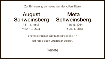 Todesanzeige von August und Marta Schweinsberg von HNA