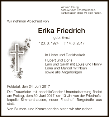 Todesanzeige von Erika Friedrich von HNA