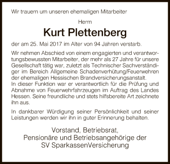 Todesanzeige von Kurt Plettenberg von HNA