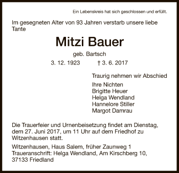Todesanzeige von Mitzi Bauer von HNA