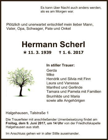 Todesanzeige von Hermann Scherl von HNA