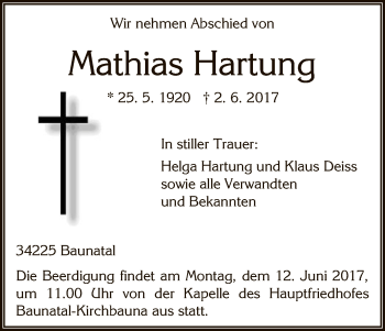 Todesanzeige von Mathias Hartung von HNA