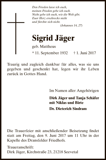 Todesanzeige von Sigrid Jäger von HNA