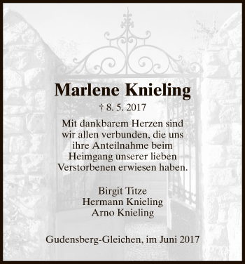 Todesanzeige von Marlene Knieling von HNA