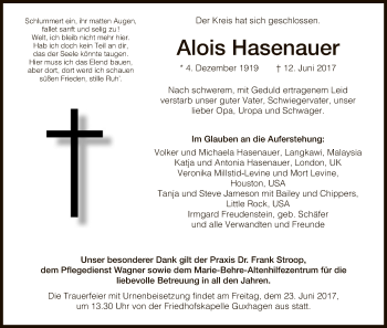 Todesanzeige von Alois Hasenauer von HNA