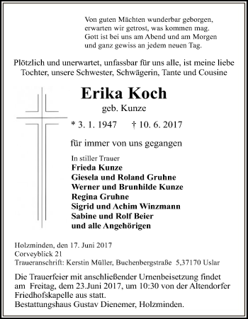 Todesanzeige von Erika Koch von HNA