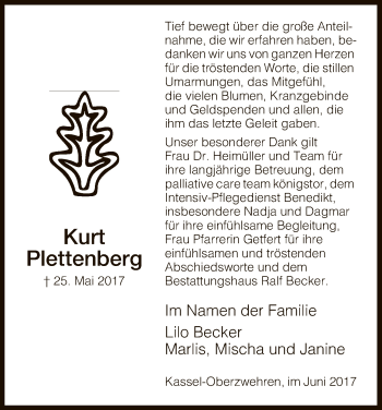 Todesanzeige von Kurt Plettenberg von HNA