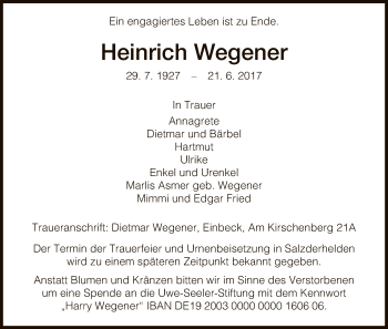 Todesanzeige von Heinrich Wegener von HNA