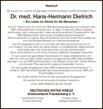 Todesanzeige von Hans-Hermann Dietrich von HNA