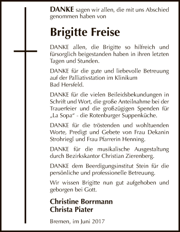 Todesanzeige von Brigitte Freise von HNA