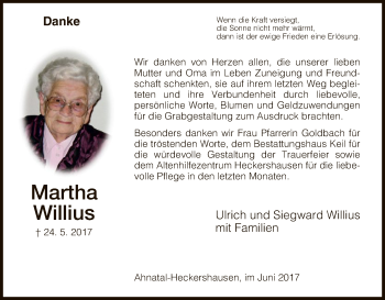 Todesanzeige von Martha Willius von HNA