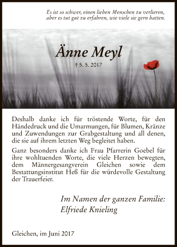 Todesanzeige von Änne Meyl von HNA