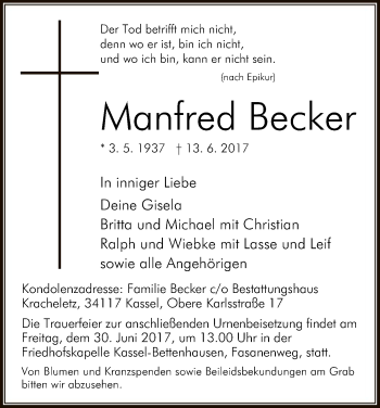 Todesanzeige von Manfred Becker von HNA