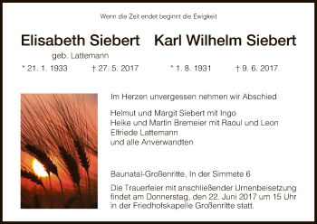Todesanzeige von Elisabeth und Karl Wilhelm Siebert von HNA