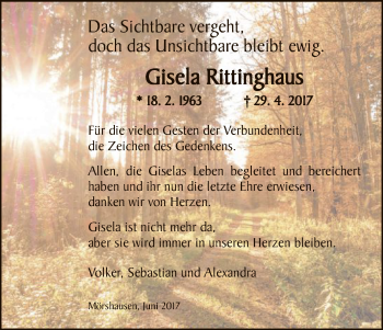 Todesanzeige von Gisela Rittinghaus von HNA