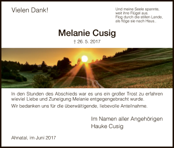 Todesanzeige von Melanie Cusig von HNA