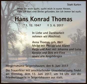 Todesanzeige von Hans Konrad Thomas von HNA