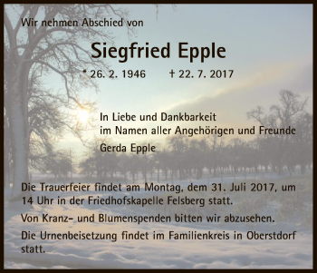 Todesanzeige von Siegfried Epple von HNA