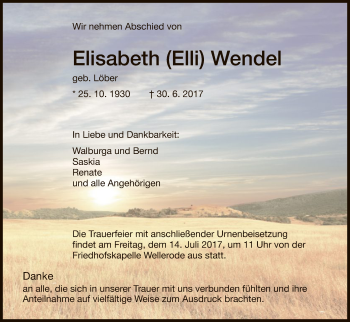 Todesanzeige von Elisabeth Wendel von HNA
