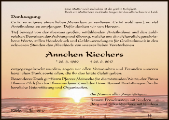 Todesanzeige von Annchen Riechers von HNA