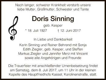 Todesanzeige von Doris Sinning von HNA