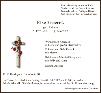 Todesanzeige von Else Freerck von HNA