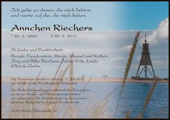Todesanzeige von Annchen Riechers von HNA