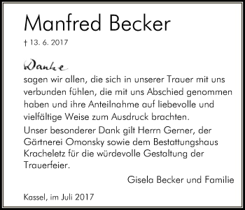 Todesanzeige von Manfred Becker von HNA